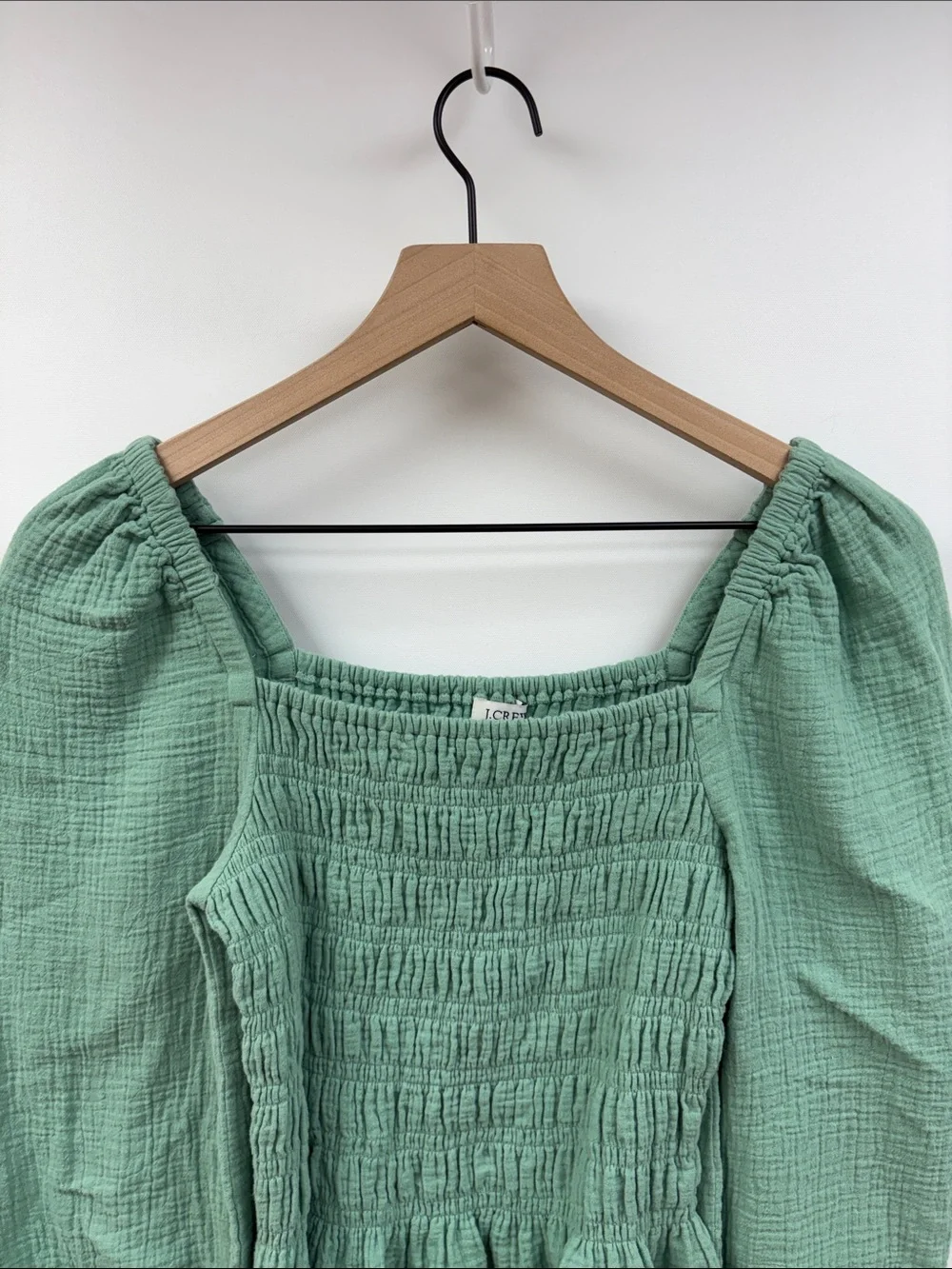 J. Crew Smocked Puff Sleeve Square Neck Woven Blouse Seafoam Green XS